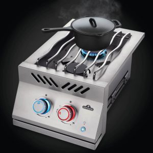 BIB12RTPSS-Web-Gallery-06-Built-in-700-BIB12RT-DropIn-Burner-Prod-Ang-burner-on-Red-lit-knob-Pot